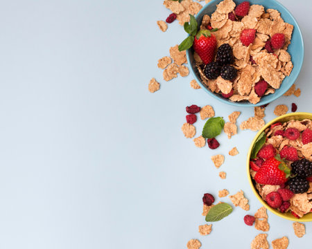 top view bowls fruit cereals