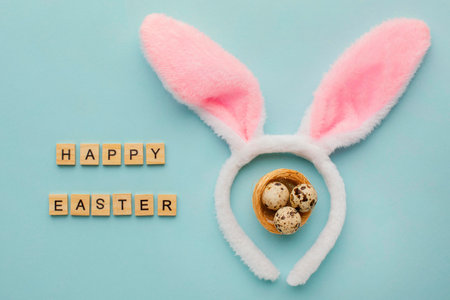 top view easter eggs with greeting bunny ears