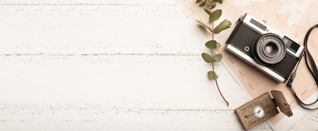 top view photo camera with copy space. Resolution and high quality beautiful photoの写真素材