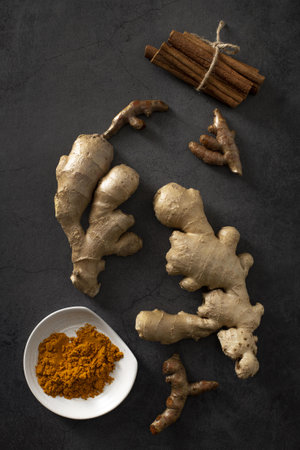 top view ginger roots with cinnamon sticks. Resolution and high quality beautiful photoの写真素材