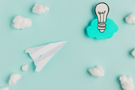 copy space paper light bulb airplaneの写真素材