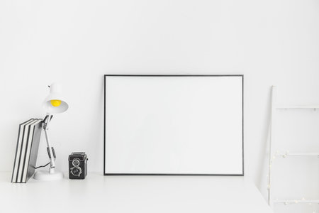 stylish minimalistic workplace white color with whiteboardの写真素材