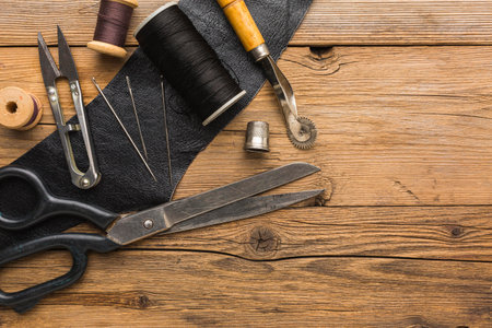 top view scissors with copy space thread