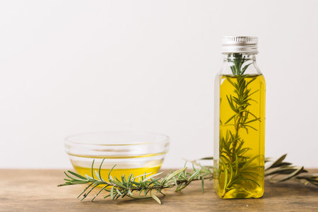 horizontal shot olive oil with rosemary copy space. Resolution and high quality beautiful photoの写真素材