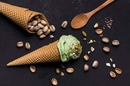 top view ice cream cones with pistachio. Resolution and high quality beautiful photoの写真素材