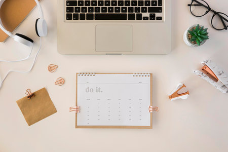 top view desk calendar various accessoriesの写真素材