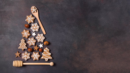 top view christmas tree shape made gingerbread cookies kitchen utensils with copy space. Resolution...
