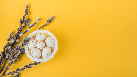 white chicken eggs bowl with willow branches