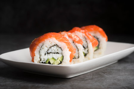 high angle plate with sushi