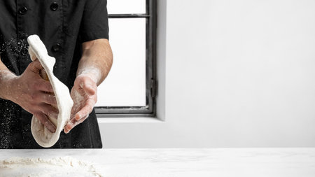 pizza chef making pizza dough with copy space. Resolution and high quality beautiful photoの写真素材