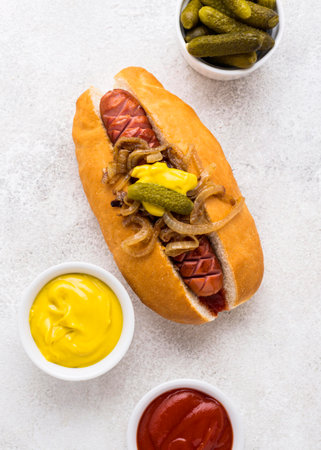 top view delicious hot dog with onionの写真素材