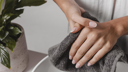 person drying her hands towel close up . Resolution and high quality beautiful photoの写真素材