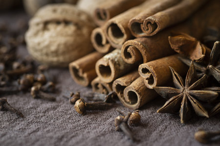 high angle arrangement with nuts cinnamon sticks. Resolution and high quality beautiful photo