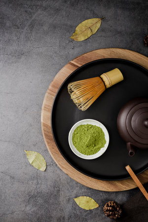 top view matcha tea powder bamboo whiskの写真素材