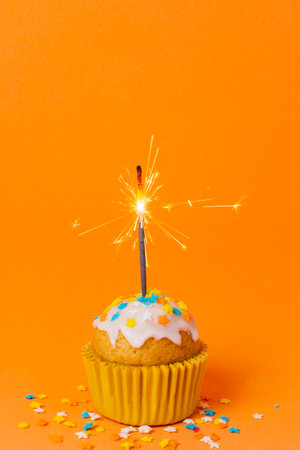 sweet cupcake with candleの写真素材