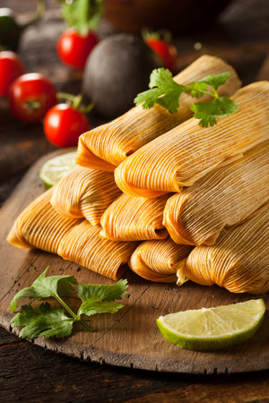 Homemade Corn and Chicken Tamales Ready to Eatの写真素材