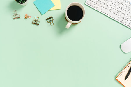Minimal work space - Creative flat lay photo of workspace desk. Top view office desk with keyboard...