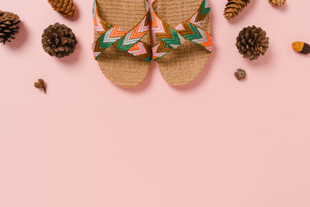 Creative flat lay photo of travel vacation spring or summer tropical fashion. Top view beach accessories on pastel pink color background with blank space for text. Top view copy space photography.の写真素材