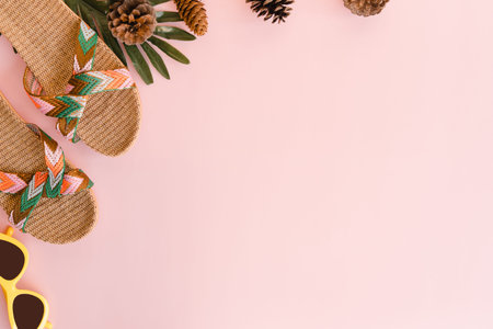 Creative flat lay photo of travel vacation spring or summer tropical fashion. Top view beach...