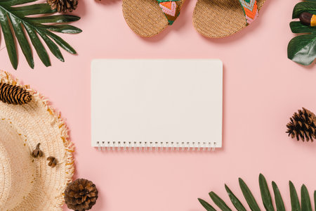 Creative flat lay of travel vacation spring or summer tropical fashion. Top view beach accessories open mockup black notebook for text on pastel background. Top view mock up copy space photography.の写真素材