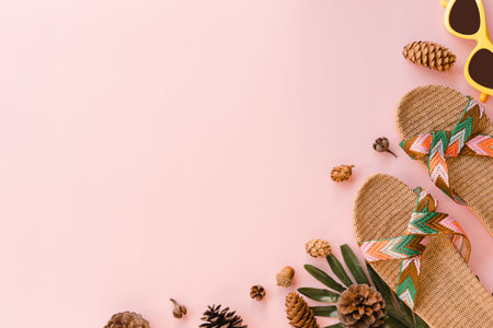 Creative flat lay photo of travel vacation spring or summer tropical fashion. Top view beach accessories on pastel pink color background with blank space for text. Top view copy space photography.の写真素材