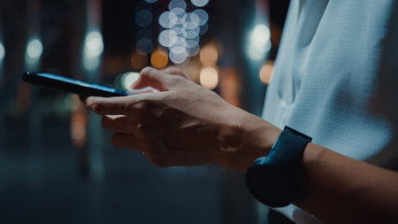 Young Asia businesswoman in fashion office clothes using smart phone typing text message while stand outdoors in urban modern city at night. Business on the go concept. Closeup shot.の写真素材