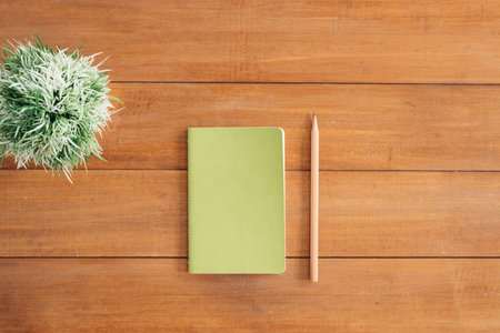Minimal work space - Creative flat lay photo of workspace desk. Office desk wooden table background with open mock up notebooks and pens and plant. Top view with copy space, flat lay photography.の写真素材