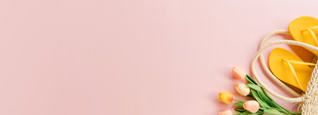 Creative flat lay of travel vacation spring or summer tropical fashion. Top view beach accessories on pastel pink color background. Panoramic banner with copy space for text and Advertising area.の写真素材