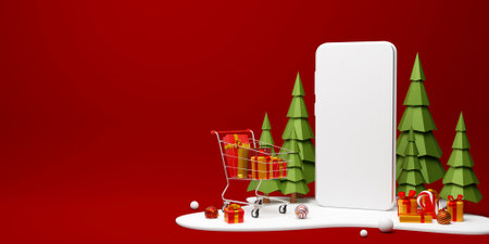Scene of Smartphone with Christmas gift and shopping cart for shopping online advertisement, 3d illustrationの写真素材