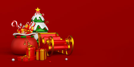 Christmas banner of Christmas bag and sleigh on red background, 3d illustrationの写真素材