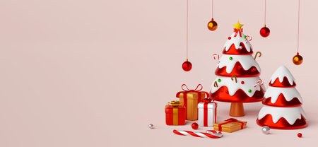 Christmas banner postcard scene of Christmas tree with presents, 3d illustrationの写真素材