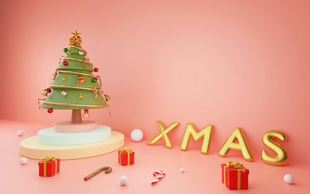 Merry Christmas and Happy New Year, Christmas tree on podium with XMAS balloon and Christmas ornaments on a pink background, 3d renderingの写真素材