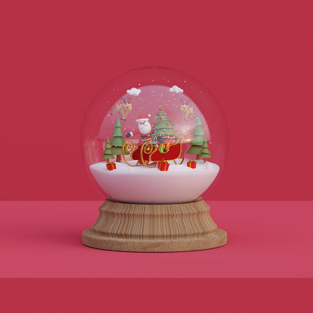 Merry Christmas and Happy New Year, Santa Claus with sleigh and reindeer in a snow globe, 3d renderingの写真素材