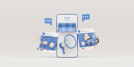 E-commerce concept, Shopping online and delivery service on mobile application, Transportation or food delivery by scooter, 3d renderingの写真素材