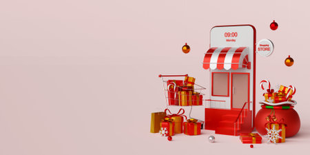Christmas banner of Christmas shopping online on smartphone concept, 3d illustrationの写真素材