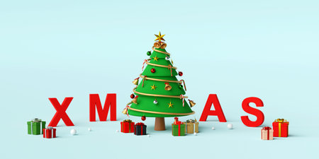 Merry Christmas and Happy New Year, Christmas tree with letters XMAS, 3d renderingの写真素材