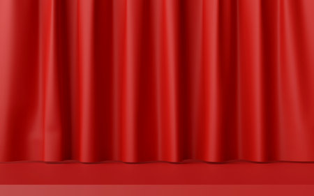 3d illustration of minimal stage with red curtain for product advertisementの写真素材
