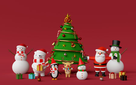 Merry Christmas and Happy New Year, Christmas tree with cute Christmas character on red background, 3d renderingの写真素材