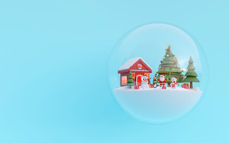 Merry Christmas and Happy New Year, Christmas party with Santa Claus and friend in a snow globe, 3d renderingの写真素材