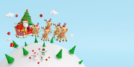 Scene of Santa Claus on a sleigh full of Christmas gifts and pulled by reindeer, 3d renderingの写真素材