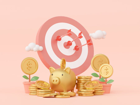 Targeting with saving money concept, Piggy bank with dollar coin, 3d renderingの写真素材