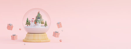 Merry Christmas and Happy New Year, Scene of Christmas gifts and Snowman with Christmas tree in a snow globe, 3d renderingの写真素材
