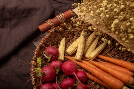 The afternoon sun shines on the red and orange radishes in the basket