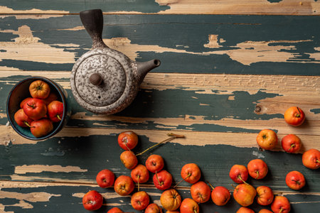 The red hawthorn in the plate and the teapot are on the wooden tableの写真素材