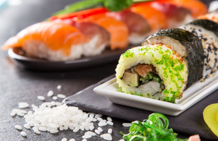 Japanese seafood sushi set on black backgroundの写真素材