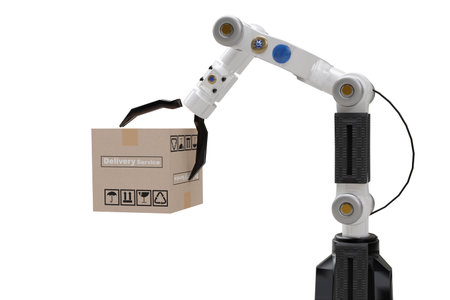 Robot cyber future futuristic humanoid hold box product technology engineering device check, for...