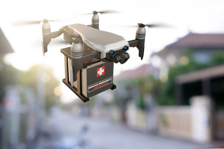 Drone technology engineering device industry flying in industrial logistic export import covid 19 vaccine delivery service logistics coronavirus transport transportation for peopleの写真素材