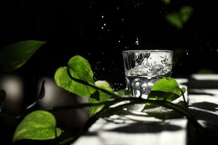a glass of water on a dark background among the green leaves. Eco concept. Spilled Water from Glass....
