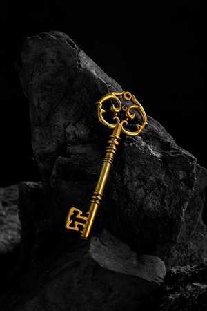 Antique Golden Key on Dark Coal Stone Surface Backgroundの写真素材