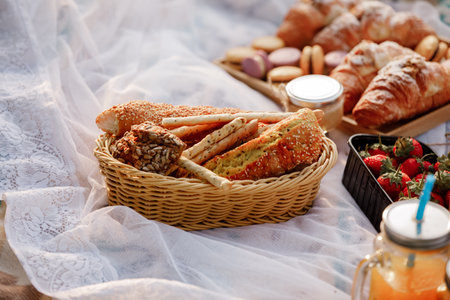 picnic in the nature, fresh pastries, croissants. French croissants and fresh berries served for two on the grass covered with pink fallen petals. selective focus.の写真素材